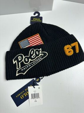 Polo Ralph Lauren Multi Patch Script Logo Black Knit Beanie Hat Black Cap NWT